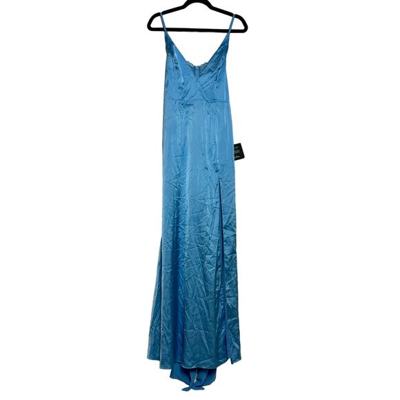 Lulus Satin Lace Button Down Back High Slit Dress size Large Formal Wedding Prom - Picture 1 of 14